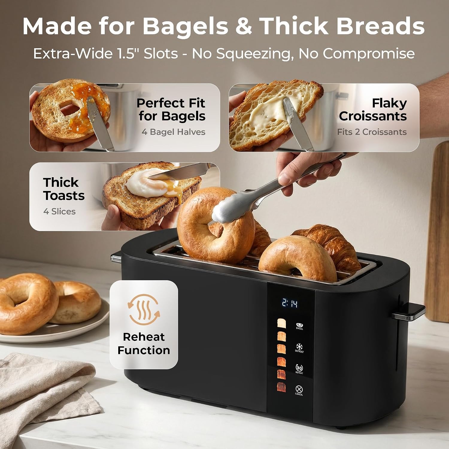 Toaster 4 Slice Wide Slot, Bagel Function, Long Slot, Stainless Steel, Touch Screen, Built-in Rack, Extra-Wide 1.5" Slots for Thick Breads & Bagel, Timer, BPA-Free, Removable Tray, Black