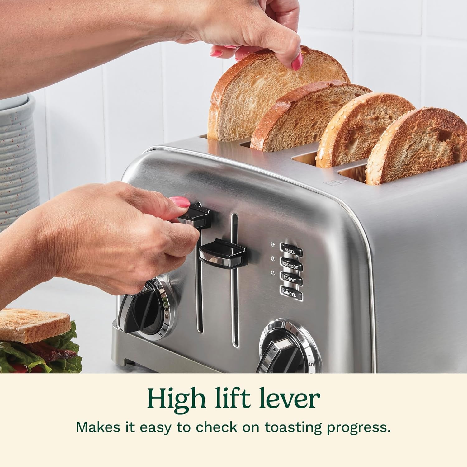 Toaster, Extra-Wide Slots, Stainless Steel, 4-Slice | Bagel, pastry & bread toaster with defrost/reheat functions, 6-setting browning dials & a slide-out crumb tray, CPT-180P1