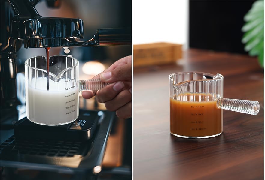 6 OZ Espresso Cups Double Shots Measuring Cup with Glass Handle, Clear | Dishwasher Safe, Double V-Shaped Spout, Milk Frothing Pitcher, Demitasse Cups Espresso Accessories for Coffee Bar