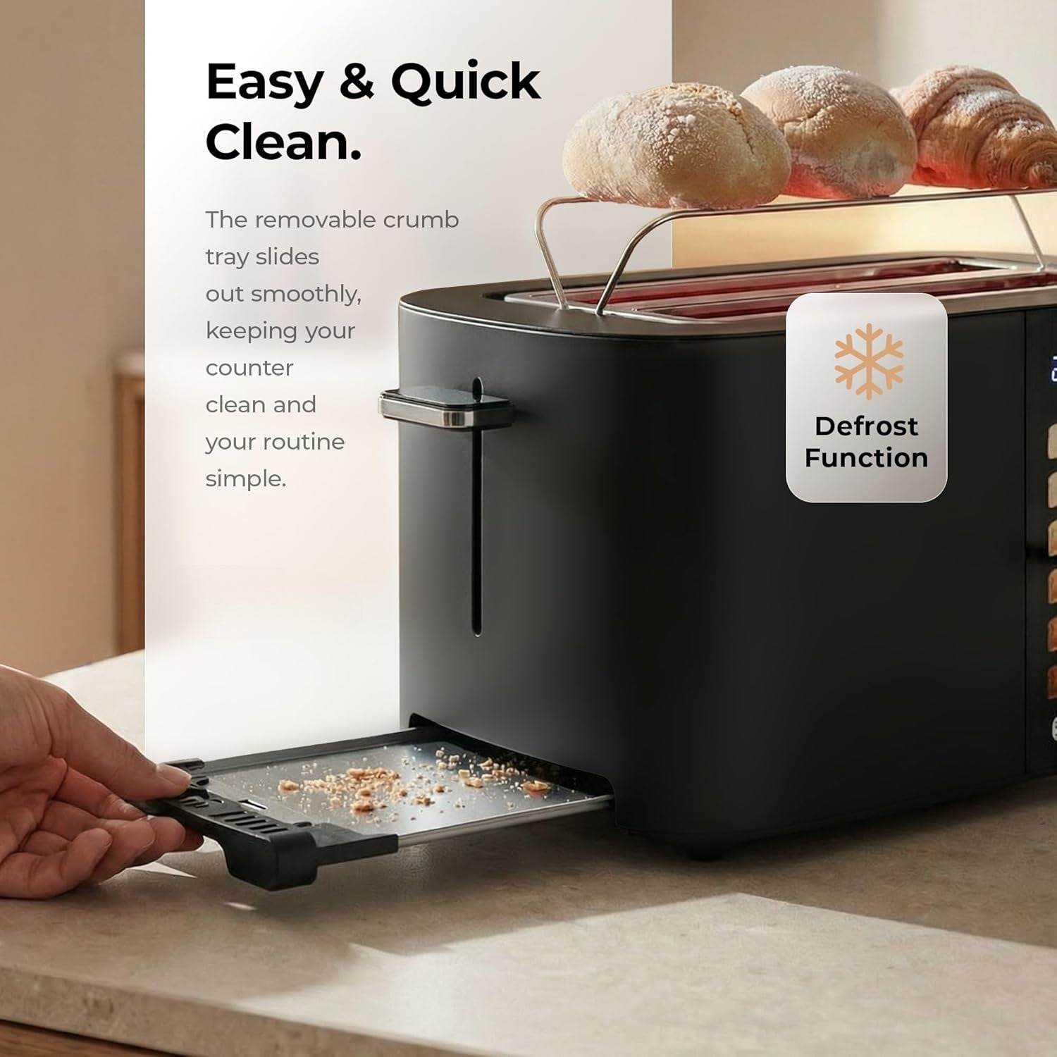 Toaster 4 Slice Wide Slot, Bagel Function, Long Slot, Stainless Steel, Touch Screen, Built-in Rack, Extra-Wide 1.5" Slots for Thick Breads & Bagel, Timer, BPA-Free, Removable Tray, Black