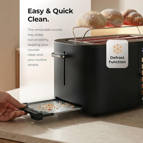 Toaster 4 Slice Wide Slot, Bagel Function, Long Slot, Stainless Steel, Touch Screen, Built-in Rack, Extra-Wide 1.5" Slots for Thick Breads & Bagel, Timer, BPA-Free, Removable Tray, Black