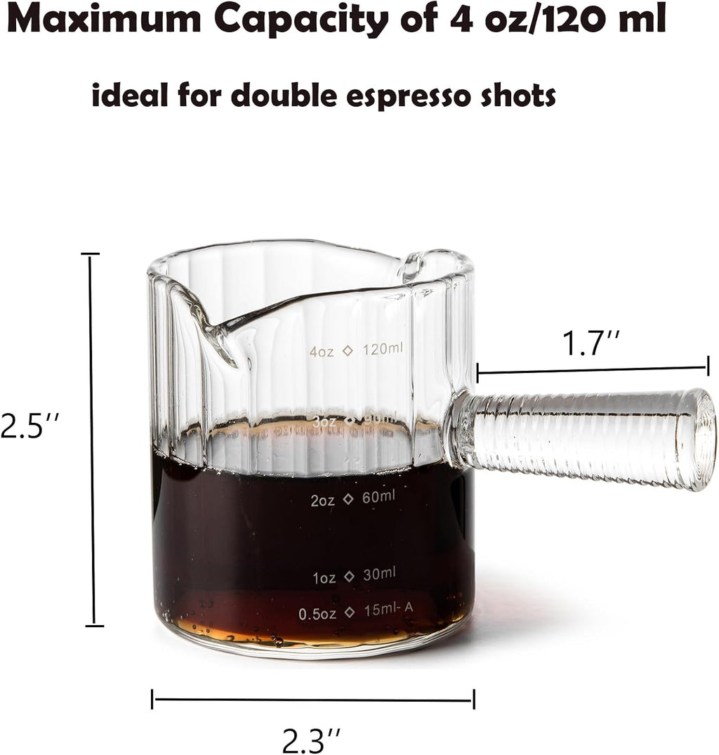 Espresso Cups Set of 2, 4 OZ Glass Double Spouts with Glass Handle, Clear | Double V-Shaped Spouts, Demitasse Cups Shot Glasses, Small Glass Measuring Cup, Espresso Accessories, Machine Dishwasher Safe
