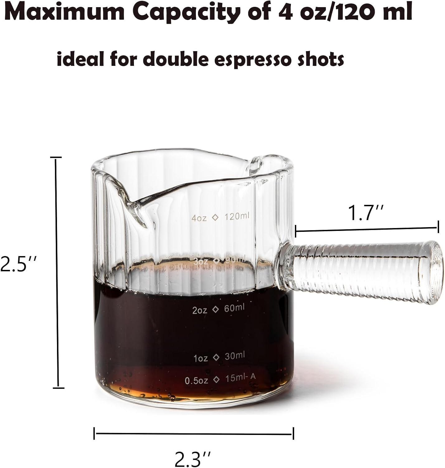 Espresso Cups Set of 2, 4 OZ Glass Double Spouts with Glass Handle, Clear | Double V-Shaped Spouts, Demitasse Cups Shot Glasses, Small Glass Measuring Cup, Espresso Accessories, Machine Dishwasher Safe