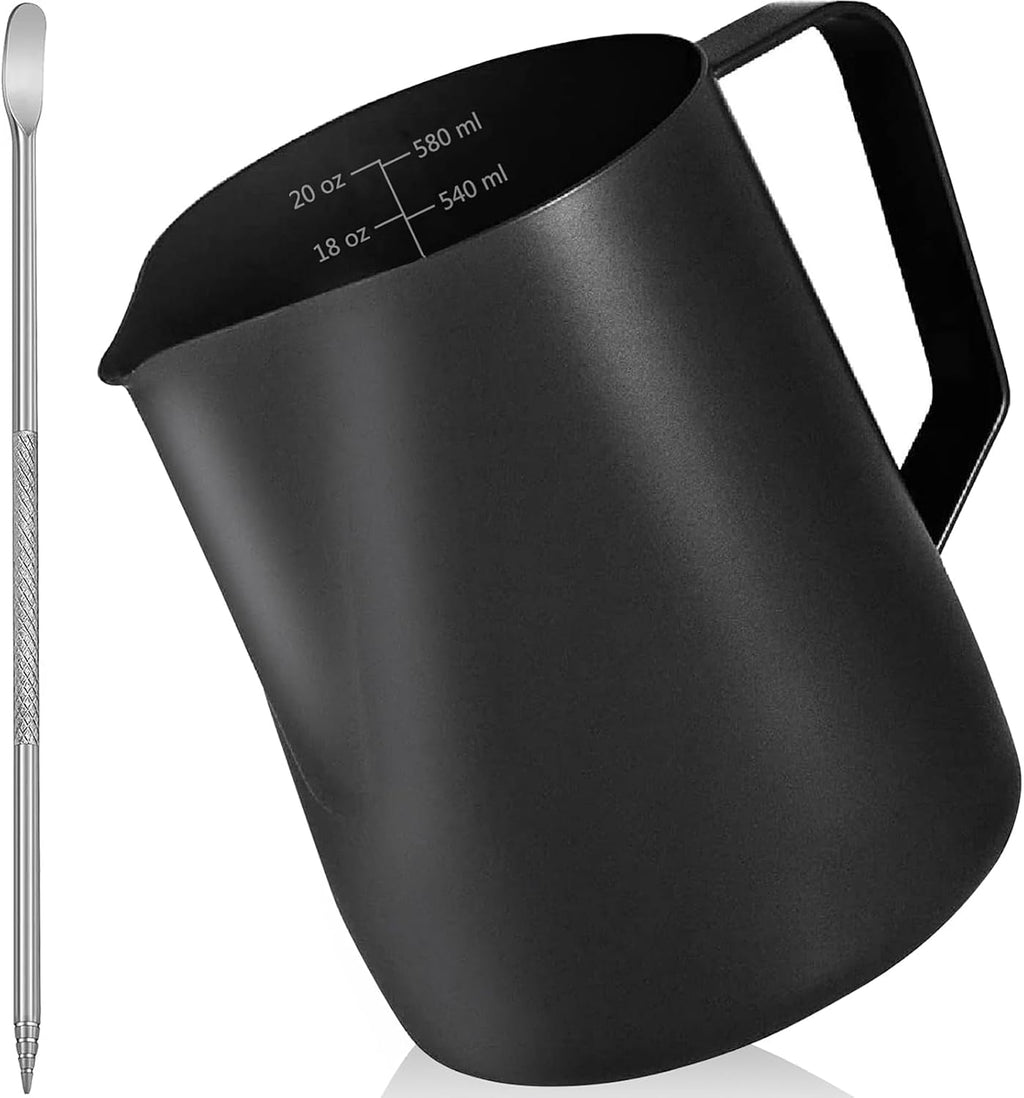 Milk Frother Pitcher 20 OZ, Espresso Milk Frothing Pitcher, Milk Steamer Cup Steaming Pitcher, Stainless Steel Coffee Froth Cup with Latte Art Pen for Coffee Cappuccino (Black)