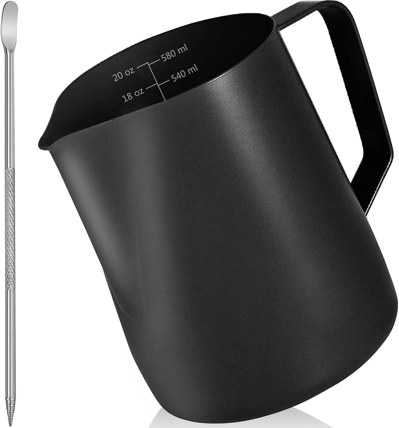 Milk Frother Pitcher 20 OZ, Espresso Milk Frothing Pitcher, Milk Steamer Cup Steaming Pitcher, Stainless Steel Coffee Froth Cup with Latte Art Pen for Coffee Cappuccino (Black)