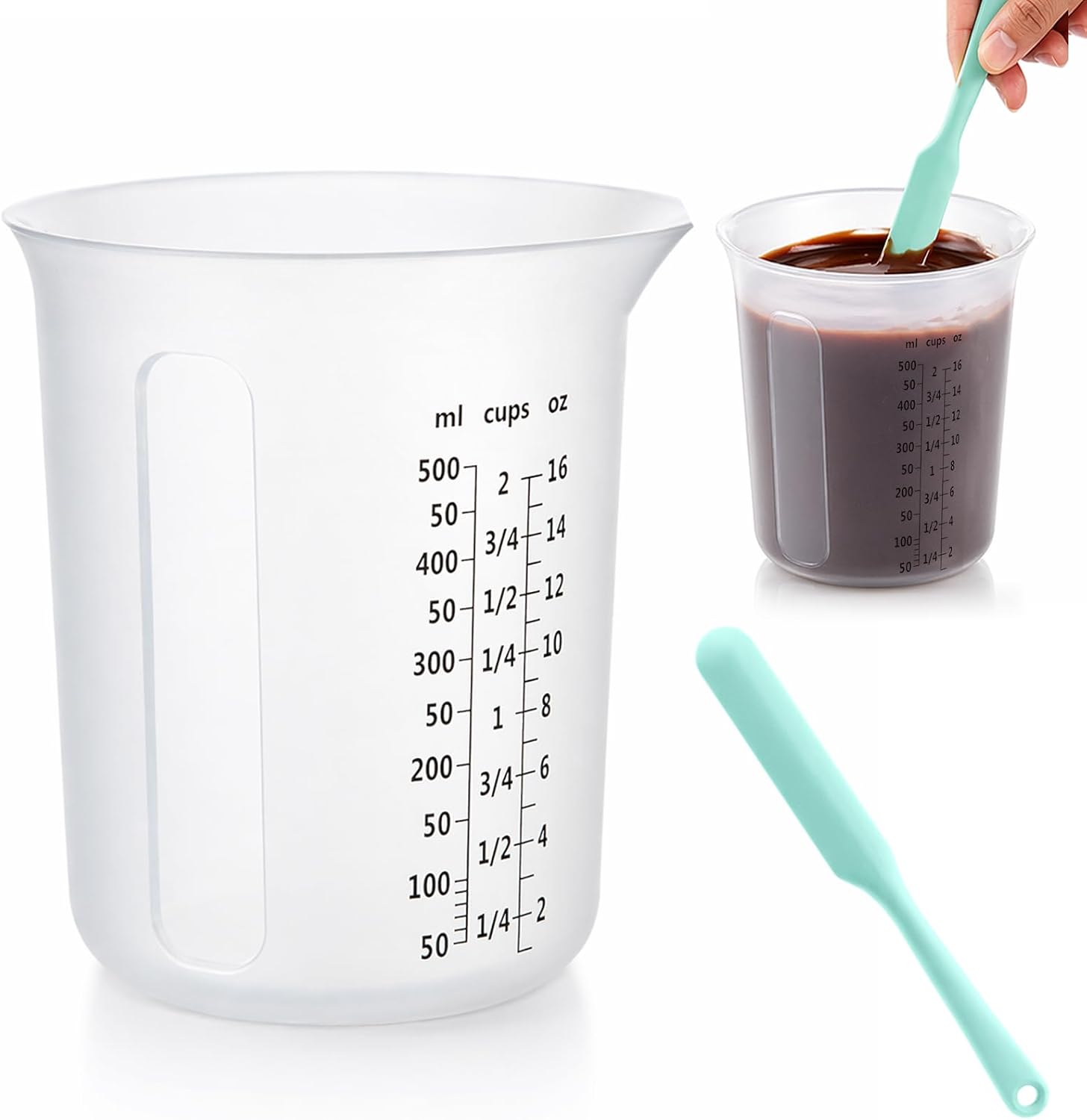 Silicone Measuring Cups Set with 3 Spatulas, 500ml, Microwave Safe | Liquid Measuring Cup, Honeycomb Heat Resistant, Stackable Nesting Design, for Melting Chocolate Butter, BPA Free