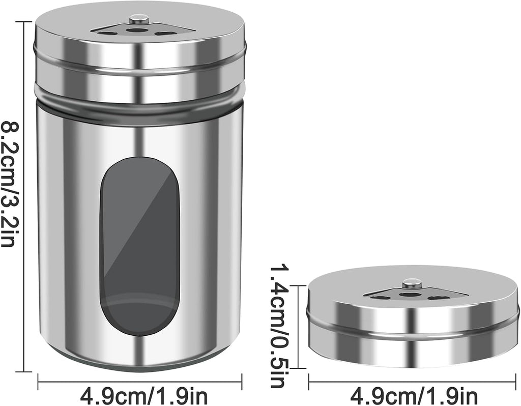 Salt and Pepper Shakers, Stainless Steel and Glass, Adjustable, 4 Pack | Glass Window Shows Fill Level, Multi-size Pour Holes for Coarse Kosher Salt, Sugar, Cinnamon, Spices in Kitchen, BBQ, Dining