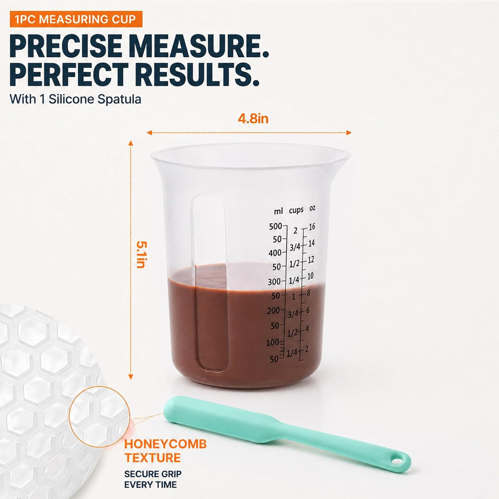 Silicone Measuring Cups Set with 3 Spatulas, 500ml, Microwave Safe | Liquid Measuring Cup, Honeycomb Heat Resistant, Stackable Nesting Design, for Melting Chocolate Butter, BPA Free