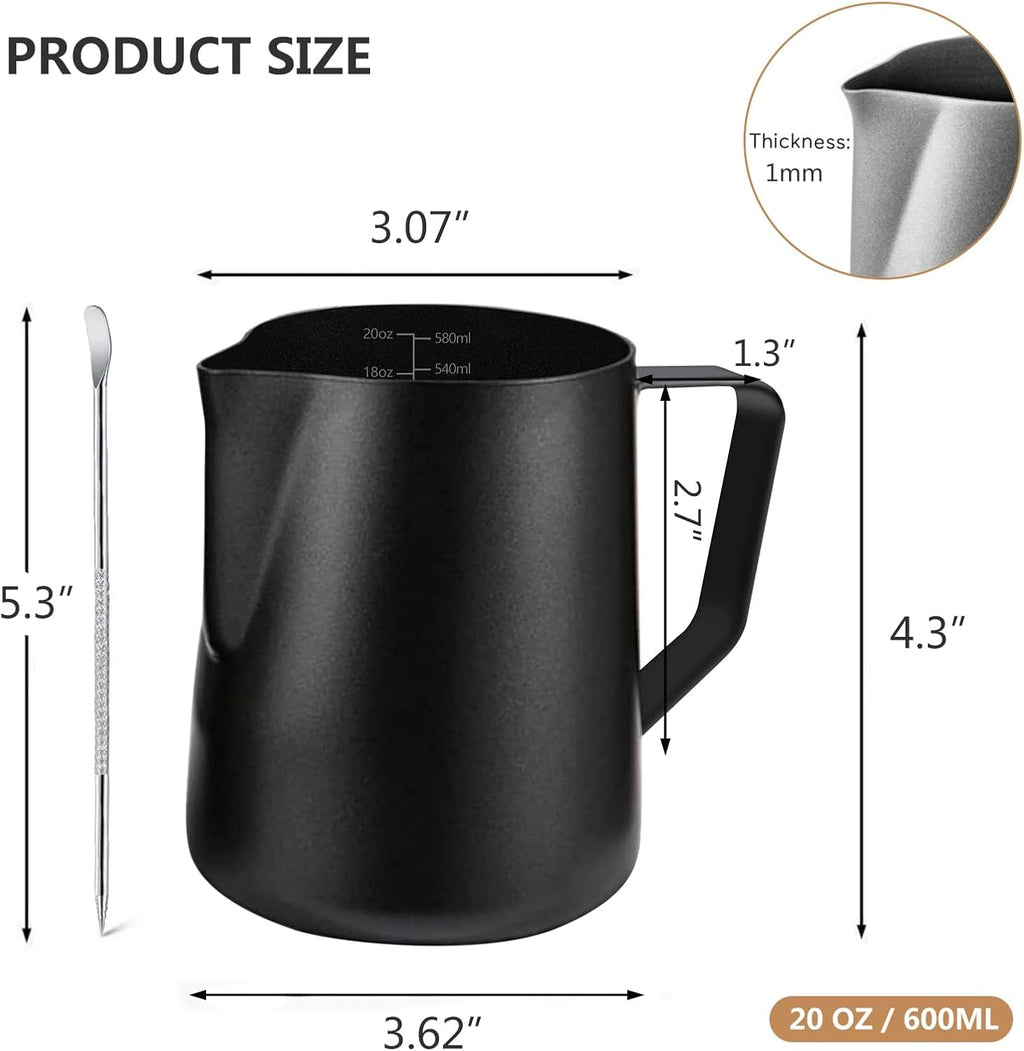 Milk Frother Pitcher 20 OZ, Espresso Milk Frothing Pitcher, Milk Steamer Cup Steaming Pitcher, Stainless Steel Coffee Froth Cup with Latte Art Pen for Coffee Cappuccino (Black)