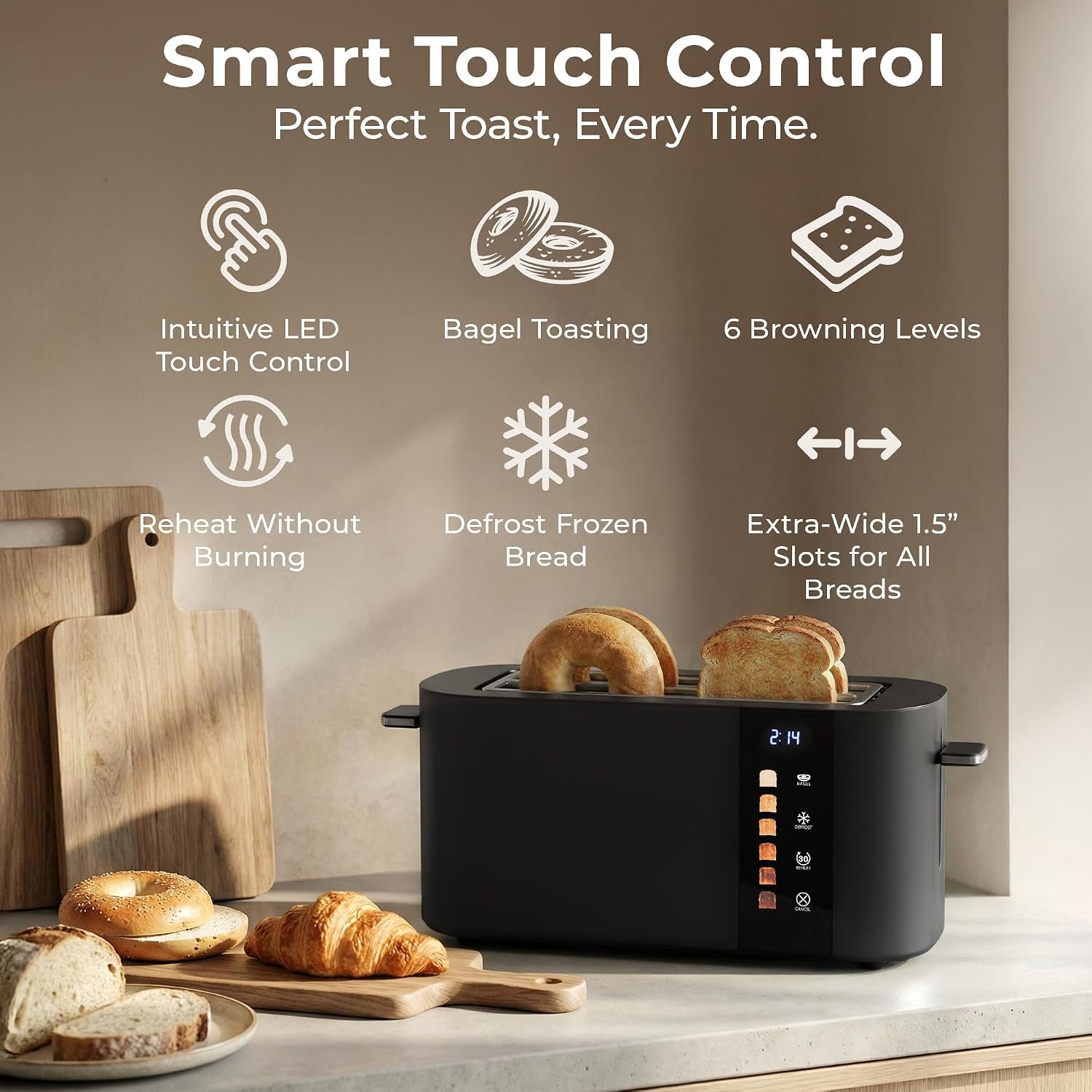 Toaster 4 Slice Wide Slot, Bagel Function, Long Slot, Stainless Steel, Touch Screen, Built-in Rack, Extra-Wide 1.5" Slots for Thick Breads & Bagel, Timer, BPA-Free, Removable Tray, Black