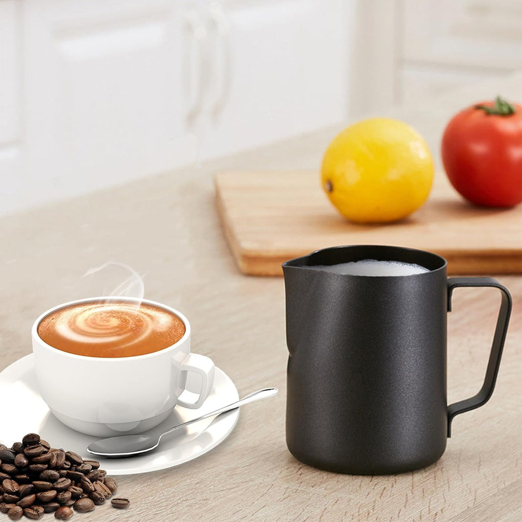 Milk Frother Pitcher 20 OZ, Espresso Milk Frothing Pitcher, Milk Steamer Cup Steaming Pitcher, Stainless Steel Coffee Froth Cup with Latte Art Pen for Coffee Cappuccino (Black)