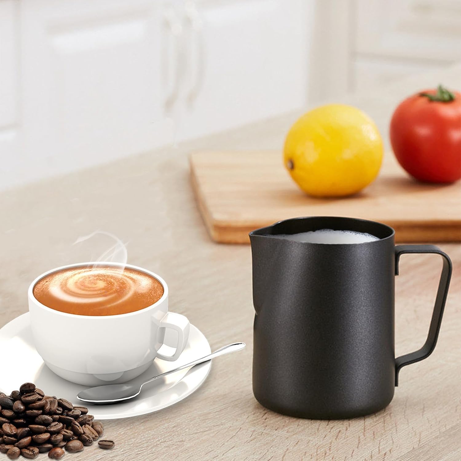 Milk Frother Pitcher 20 OZ, Espresso Milk Frothing Pitcher, Milk Steamer Cup Steaming Pitcher, Stainless Steel Coffee Froth Cup with Latte Art Pen for Coffee Cappuccino (Black)