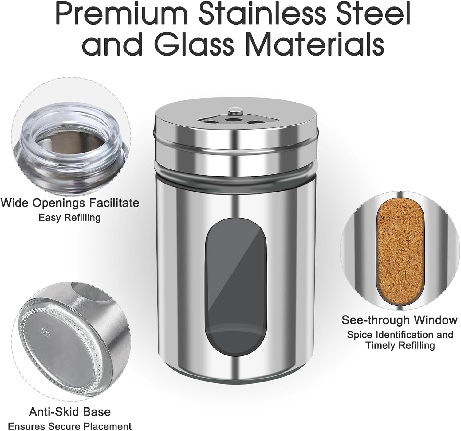 Salt and Pepper Shakers, Stainless Steel and Glass, Adjustable, 4 Pack | Glass Window Shows Fill Level, Multi-size Pour Holes for Coarse Kosher Salt, Sugar, Cinnamon, Spices in Kitchen, BBQ, Dining