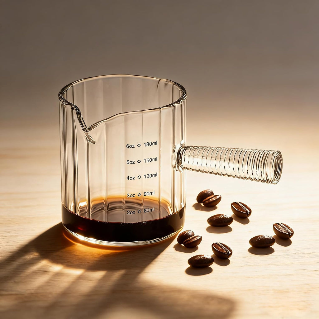 6 OZ Espresso Cups Double Shots Measuring Cup with Glass Handle, Clear | Dishwasher Safe, Double V-Shaped Spout, Milk Frothing Pitcher, Demitasse Cups Espresso Accessories for Coffee Bar