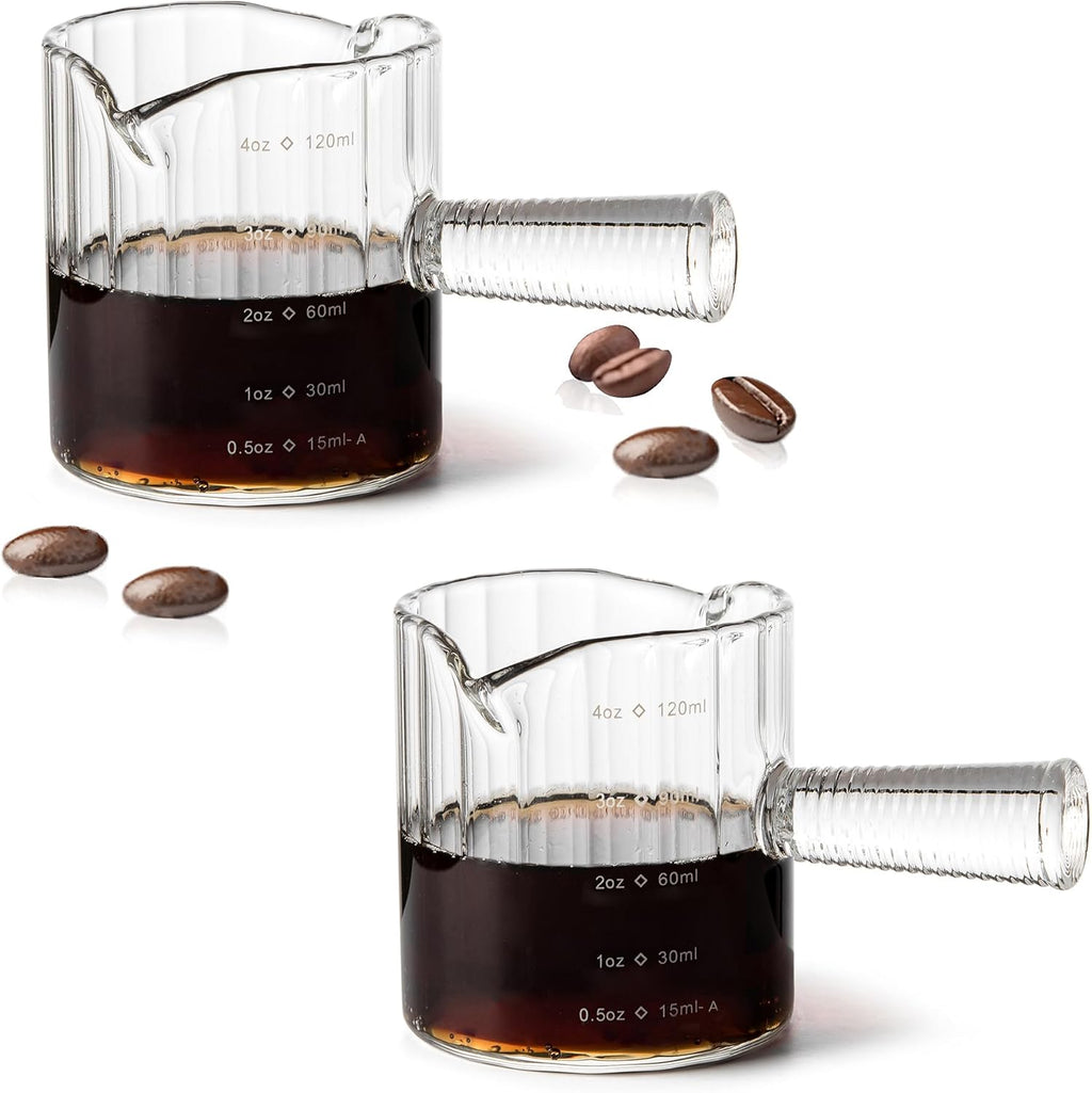 Espresso Cups Set of 2, 4 OZ Glass Double Spouts with Glass Handle, Clear | Double V-Shaped Spouts, Demitasse Cups Shot Glasses, Small Glass Measuring Cup, Espresso Accessories, Machine Dishwasher Safe