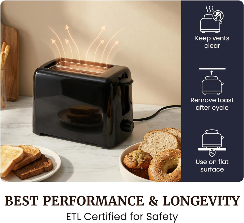 2-Slice Cool-Touch Toaster, Extra-Wide 1.25" Slots, Black | 6 Browning Levels, Fits Bagels & Thick Bread, Cancel Function, Compact & ETL Certified
