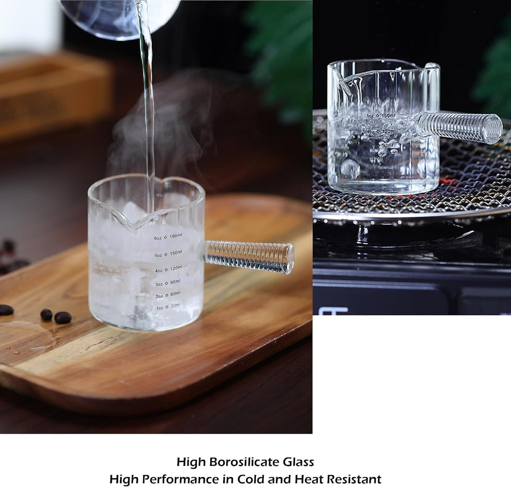 6 OZ Espresso Cups Double Shots Measuring Cup with Glass Handle, Clear | Dishwasher Safe, Double V-Shaped Spout, Milk Frothing Pitcher, Demitasse Cups Espresso Accessories for Coffee Bar
