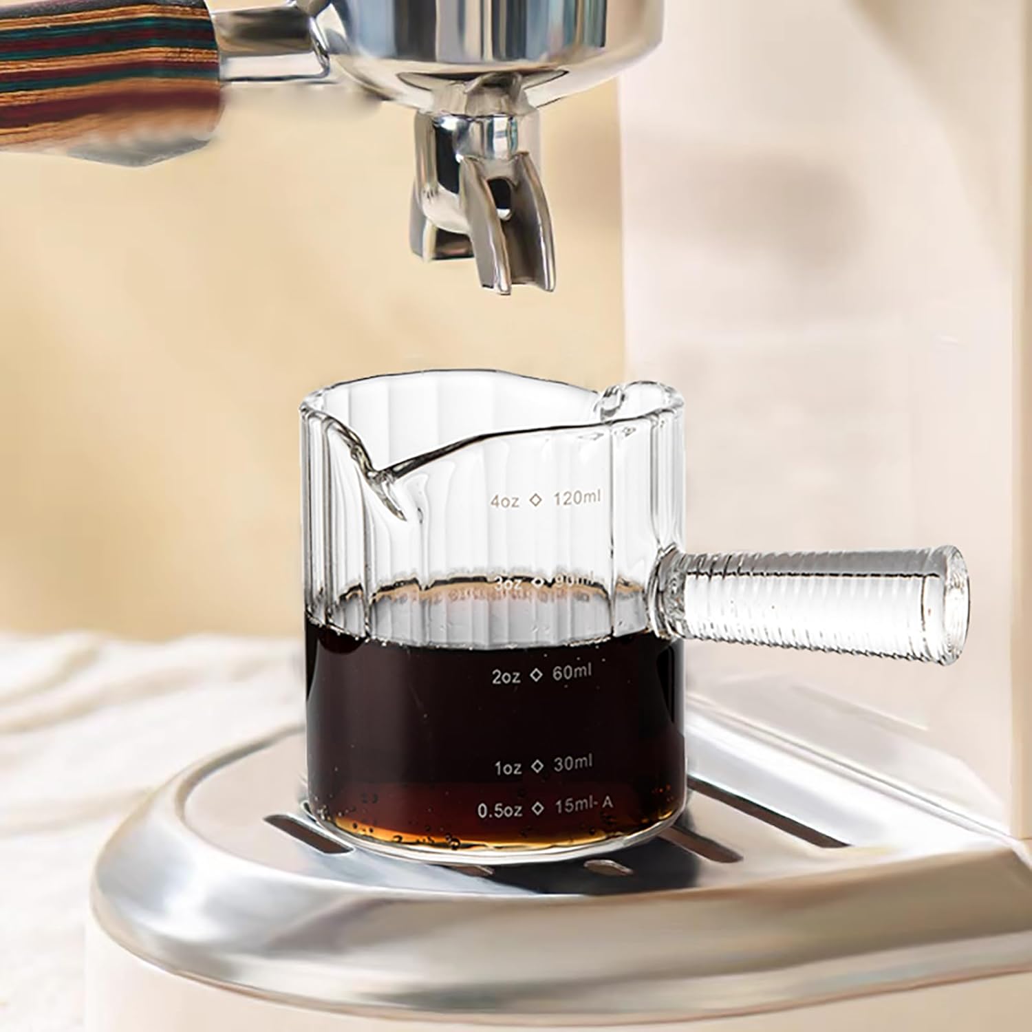 Espresso Cups Set of 2, 4 OZ Glass Double Spouts with Glass Handle, Clear | Double V-Shaped Spouts, Demitasse Cups Shot Glasses, Small Glass Measuring Cup, Espresso Accessories, Machine Dishwasher Safe