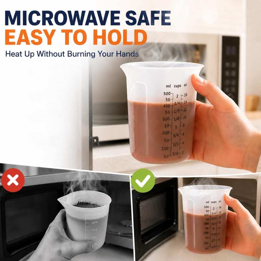 Silicone Measuring Cups Set with 3 Spatulas, 500ml, Microwave Safe | Liquid Measuring Cup, Honeycomb Heat Resistant, Stackable Nesting Design, for Melting Chocolate Butter, BPA Free