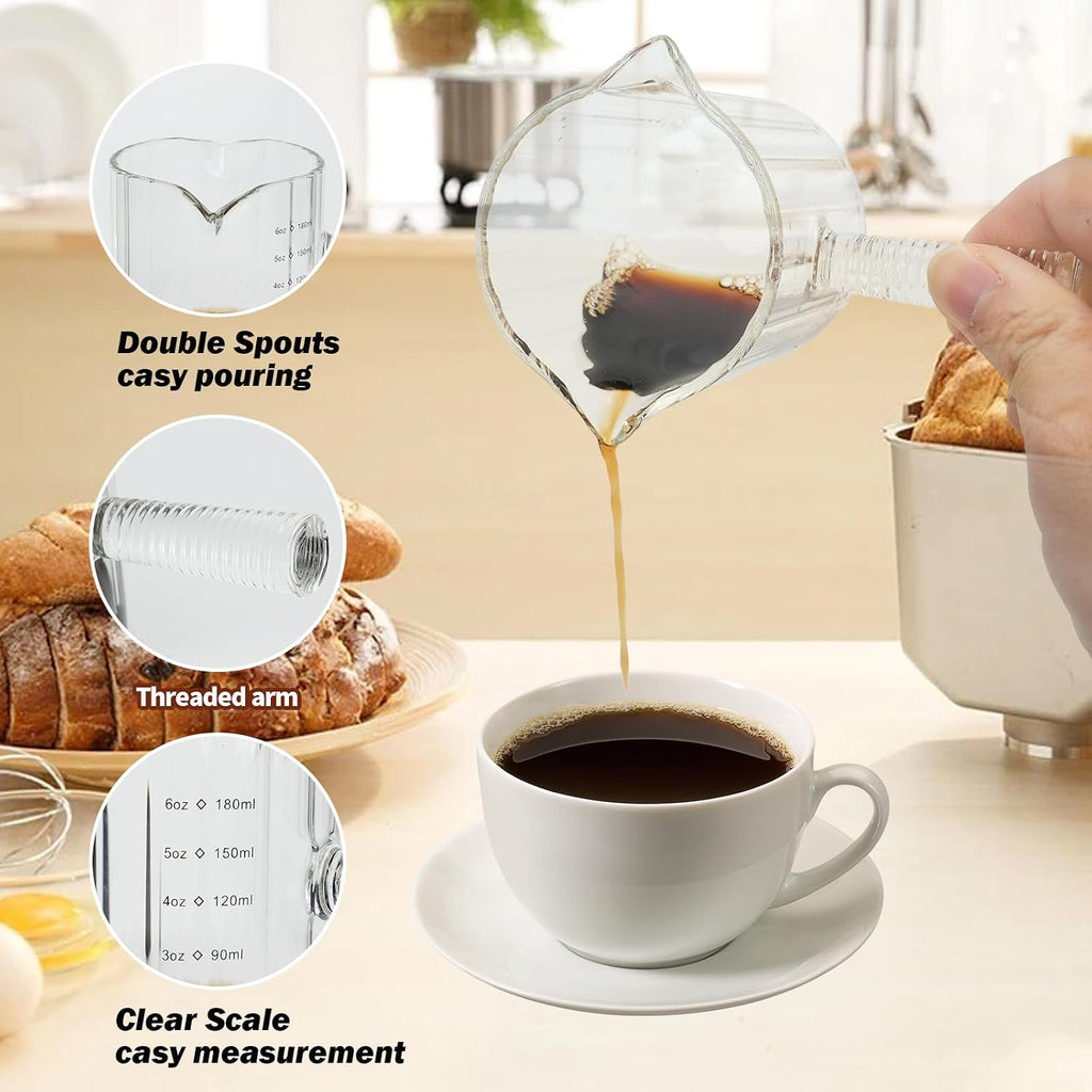 6 OZ Espresso Cups Double Shots Measuring Cup with Glass Handle, Clear | Dishwasher Safe, Double V-Shaped Spout, Milk Frothing Pitcher, Demitasse Cups Espresso Accessories for Coffee Bar