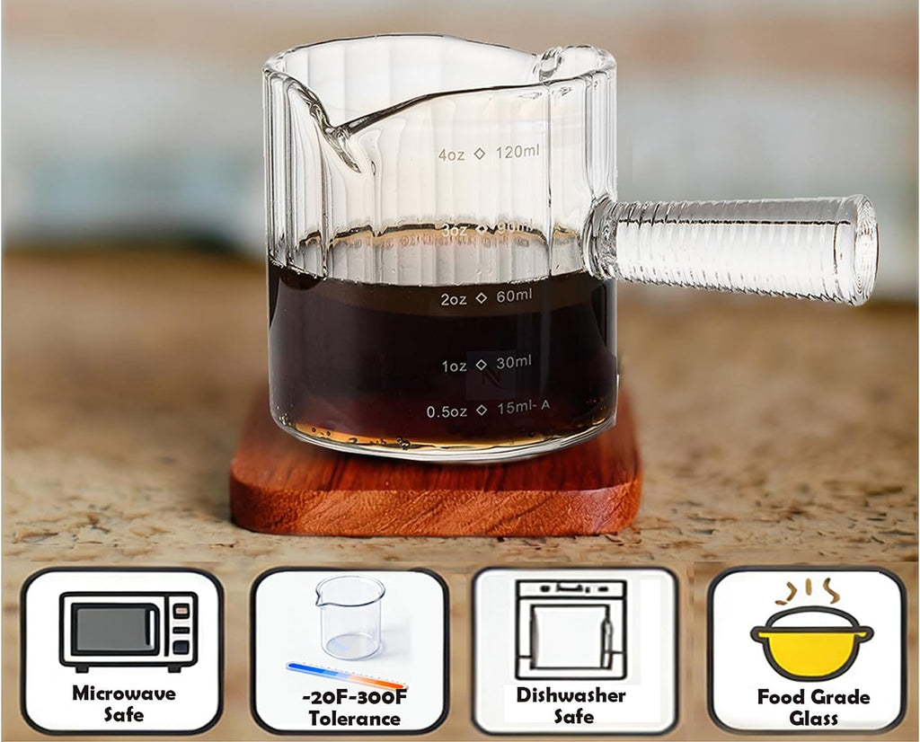 Espresso Cups Set of 2, 4 OZ Glass Double Spouts with Glass Handle, Clear | Double V-Shaped Spouts, Demitasse Cups Shot Glasses, Small Glass Measuring Cup, Espresso Accessories, Machine Dishwasher Safe