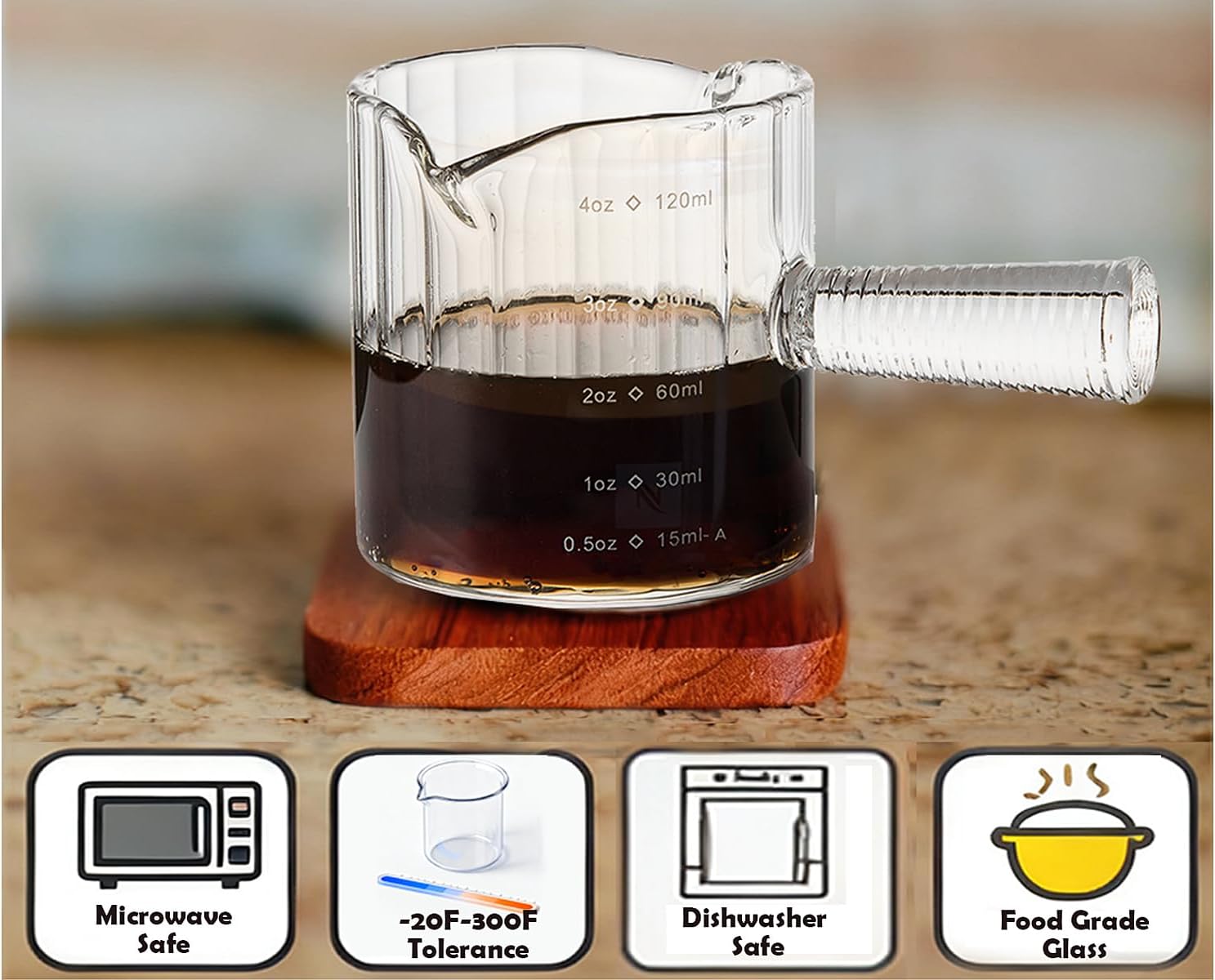 Espresso Cups Set of 2, 4 OZ Glass Double Spouts with Glass Handle, Clear | Double V-Shaped Spouts, Demitasse Cups Shot Glasses, Small Glass Measuring Cup, Espresso Accessories, Machine Dishwasher Safe