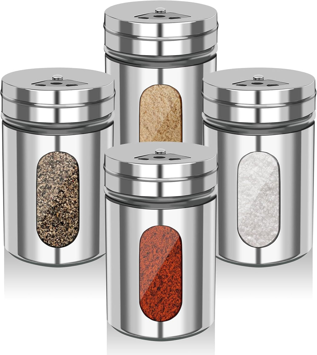 Salt and Pepper Shakers, Stainless Steel and Glass, Adjustable, 4 Pack | Glass Window Shows Fill Level, Multi-size Pour Holes for Coarse Kosher Salt, Sugar, Cinnamon, Spices in Kitchen, BBQ, Dining