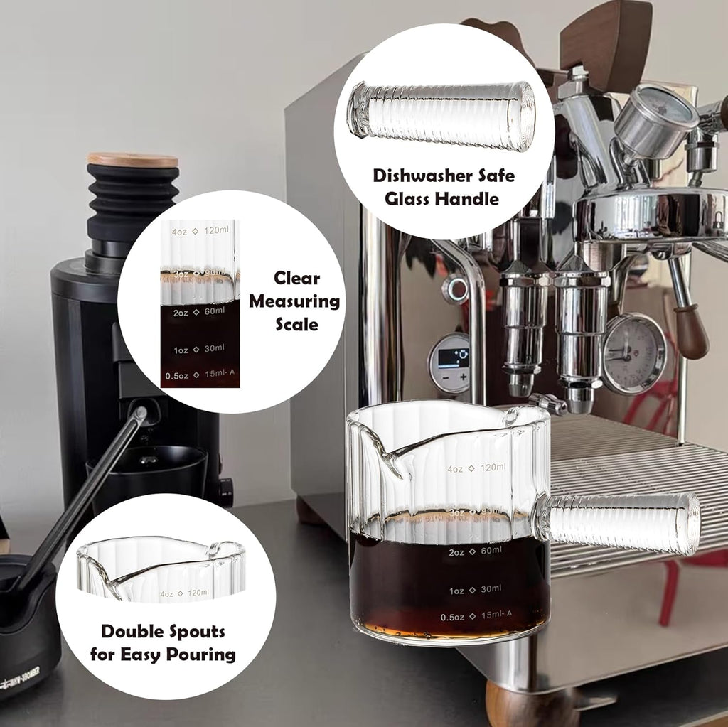 Espresso Cups Set of 2, 4 OZ Glass Double Spouts with Glass Handle, Clear | Double V-Shaped Spouts, Demitasse Cups Shot Glasses, Small Glass Measuring Cup, Espresso Accessories, Machine Dishwasher Safe