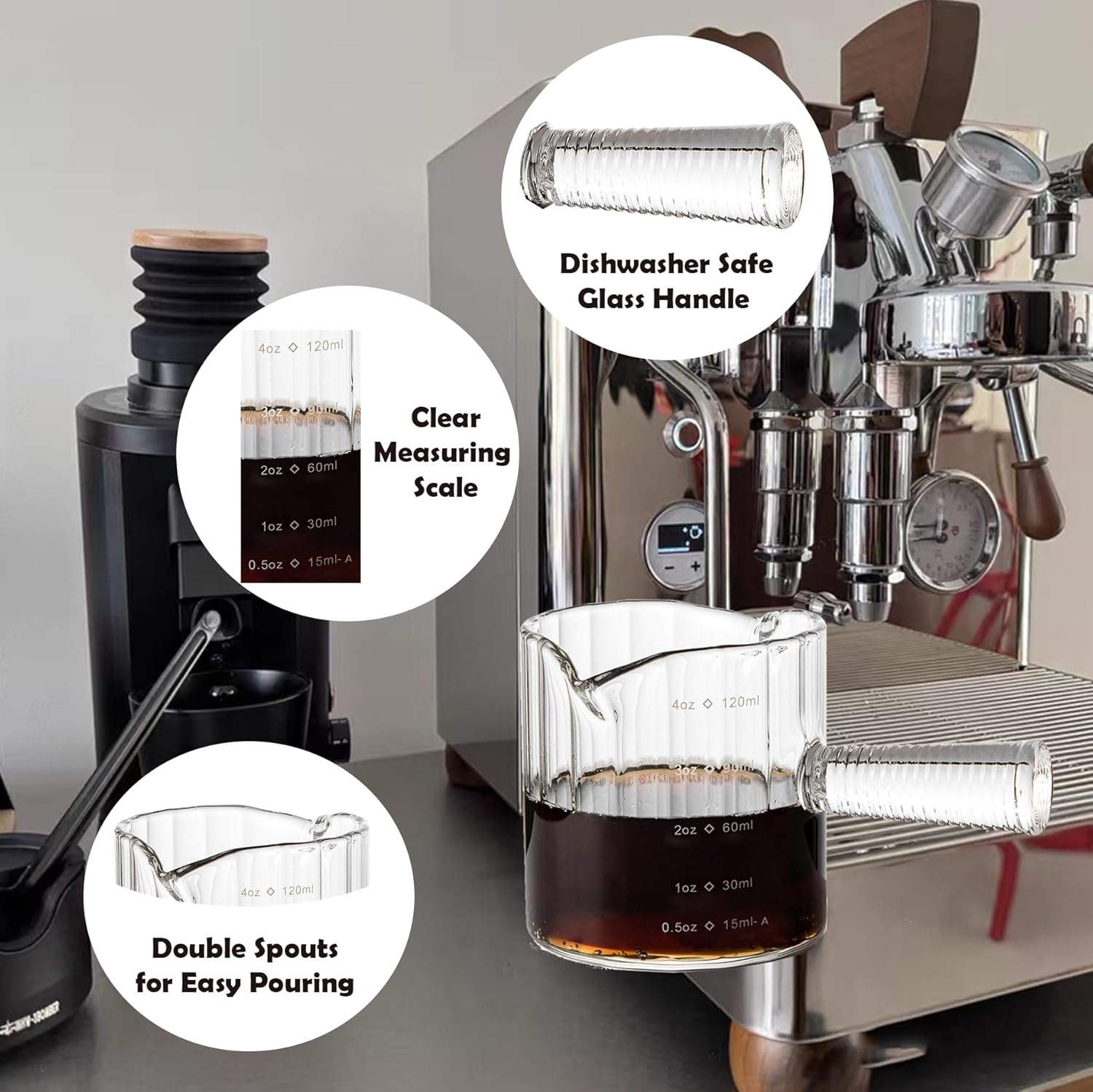 Espresso Cups Set of 2, 4 OZ Glass Double Spouts with Glass Handle, Clear | Double V-Shaped Spouts, Demitasse Cups Shot Glasses, Small Glass Measuring Cup, Espresso Accessories, Machine Dishwasher Safe