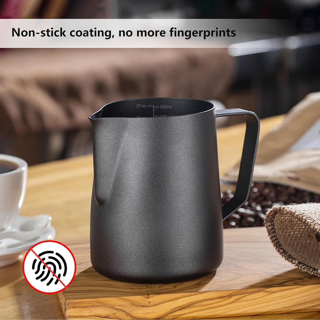 Milk Frother Pitcher 20 OZ, Espresso Milk Frothing Pitcher, Milk Steamer Cup Steaming Pitcher, Stainless Steel Coffee Froth Cup with Latte Art Pen for Coffee Cappuccino (Black)