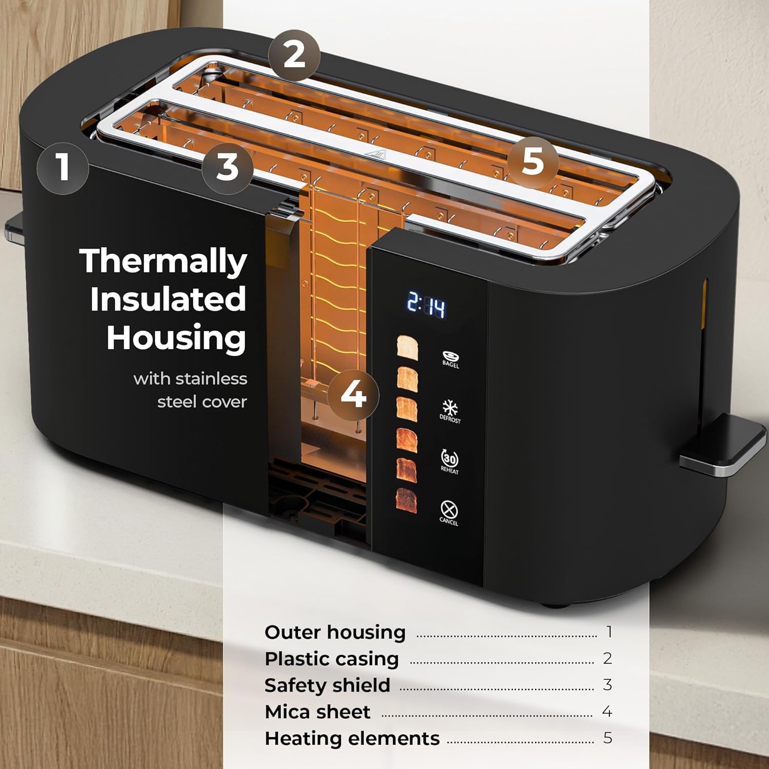 Toaster 4 Slice Wide Slot, Bagel Function, Long Slot, Stainless Steel, Touch Screen, Built-in Rack, Extra-Wide 1.5" Slots for Thick Breads & Bagel, Timer, BPA-Free, Removable Tray, Black