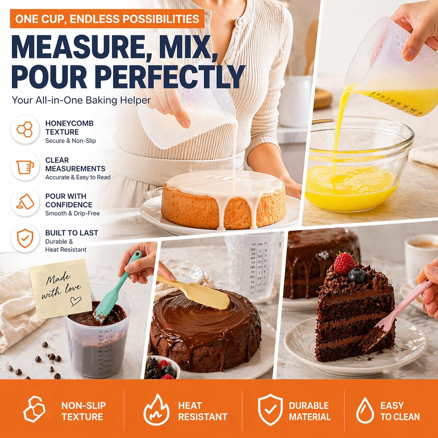 Silicone Measuring Cups Set with 3 Spatulas, 500ml, Microwave Safe | Liquid Measuring Cup, Honeycomb Heat Resistant, Stackable Nesting Design, for Melting Chocolate Butter, BPA Free