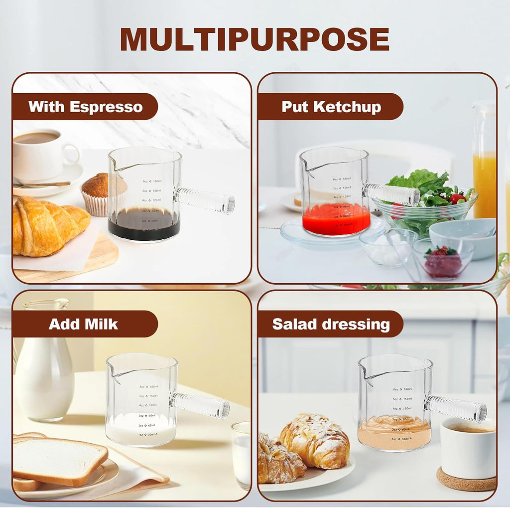 6 OZ Espresso Cups Double Shots Measuring Cup with Glass Handle, Clear | Dishwasher Safe, Double V-Shaped Spout, Milk Frothing Pitcher, Demitasse Cups Espresso Accessories for Coffee Bar