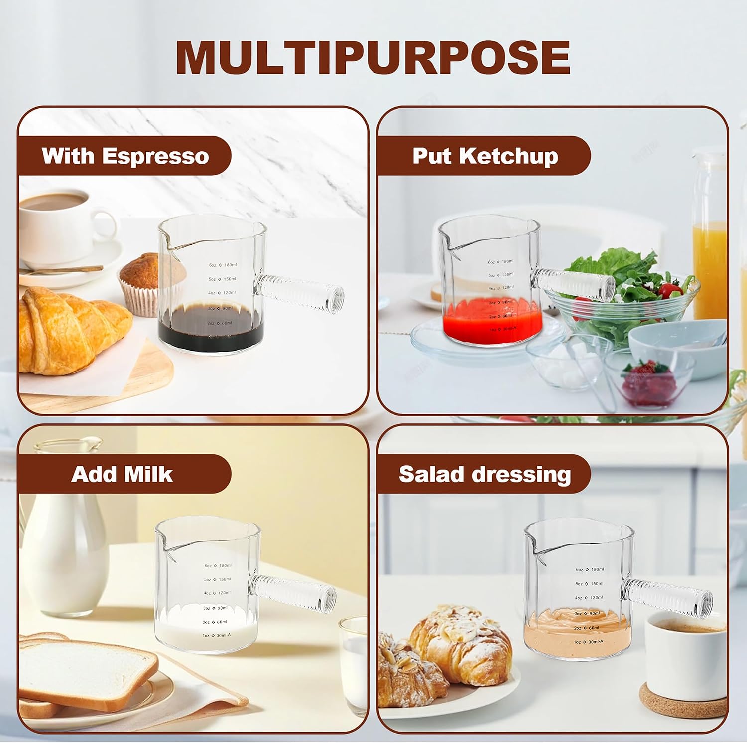 6 OZ Espresso Cups Double Shots Measuring Cup with Glass Handle, Clear | Dishwasher Safe, Double V-Shaped Spout, Milk Frothing Pitcher, Demitasse Cups Espresso Accessories for Coffee Bar