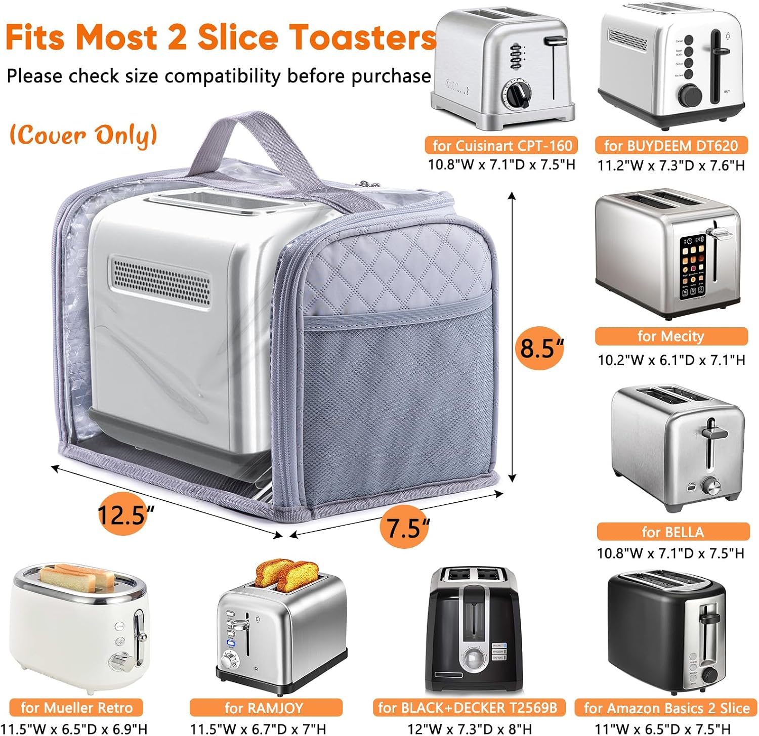 Toaster Cover for 2 Slice Wide Slot, Full Open Dust Covers for Kitchen Appliances Compatible with Cuisinart, BELLA, Black and Decker 2 Slices, Toaster Bags with Zipper Closure (Cover Only)