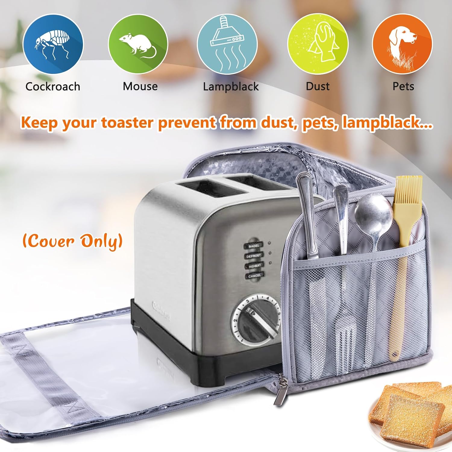 Toaster Cover for 2 Slice Wide Slot, Full Open Dust Covers for Kitchen Appliances Compatible with Cuisinart, BELLA, Black and Decker 2 Slices, Toaster Bags with Zipper Closure (Cover Only)