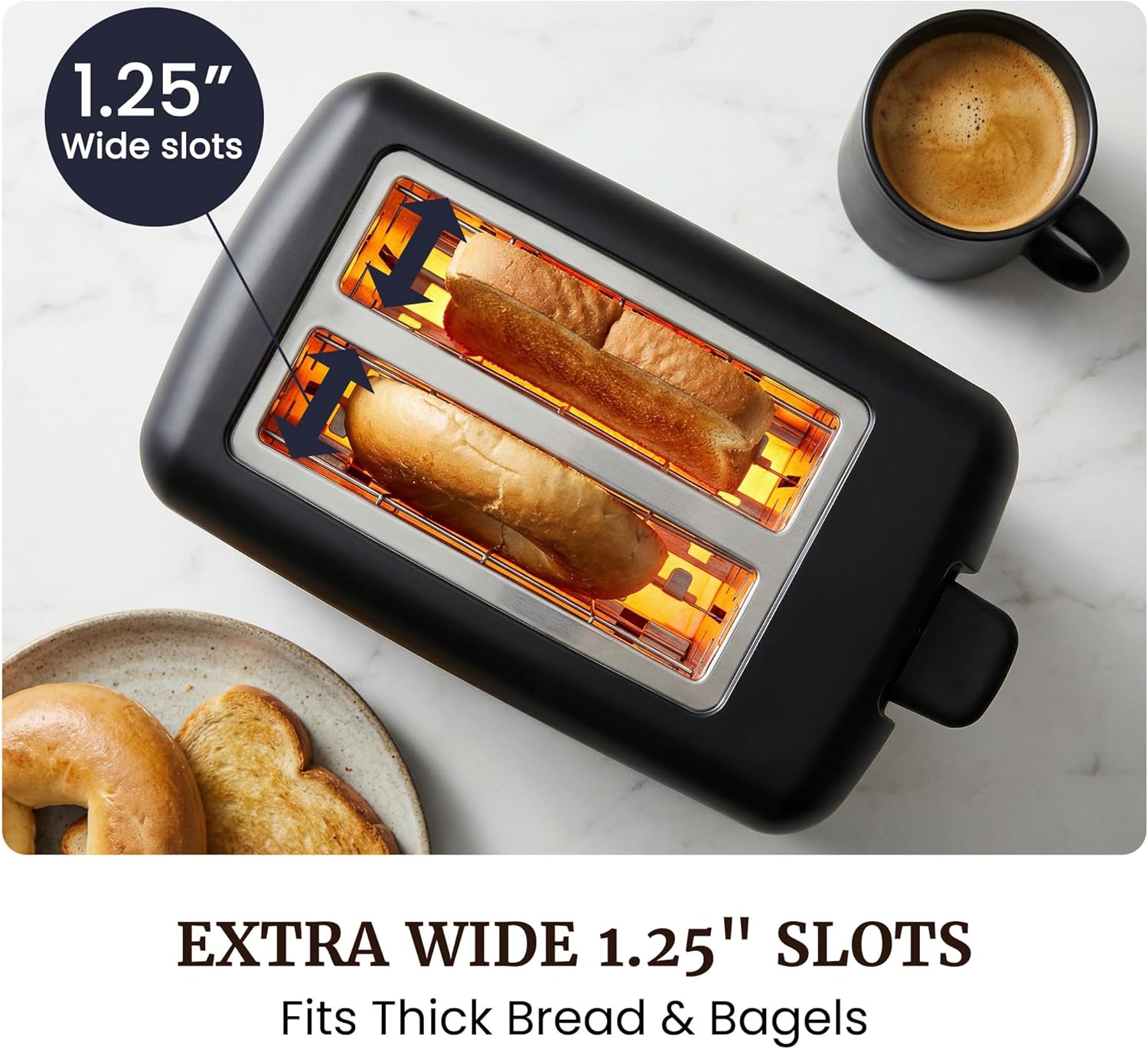 2-Slice Cool-Touch Toaster, Extra-Wide 1.25" Slots, Black | 6 Browning Levels, Fits Bagels & Thick Bread, Cancel Function, Compact & ETL Certified