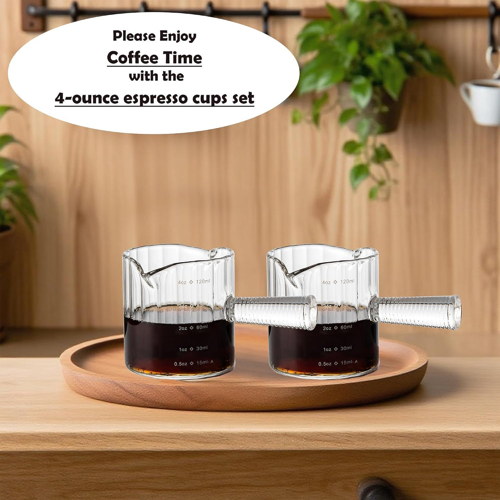 Espresso Cups Set of 2, 4 OZ Glass Double Spouts with Glass Handle, Clear | Double V-Shaped Spouts, Demitasse Cups Shot Glasses, Small Glass Measuring Cup, Espresso Accessories, Machine Dishwasher Safe