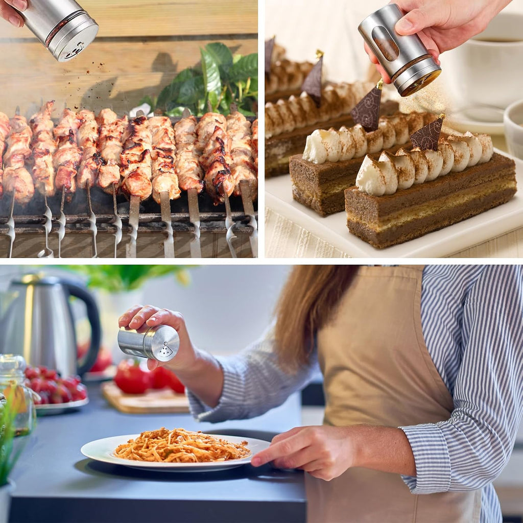 Salt and Pepper Shakers, Stainless Steel and Glass, Adjustable, 4 Pack | Glass Window Shows Fill Level, Multi-size Pour Holes for Coarse Kosher Salt, Sugar, Cinnamon, Spices in Kitchen, BBQ, Dining