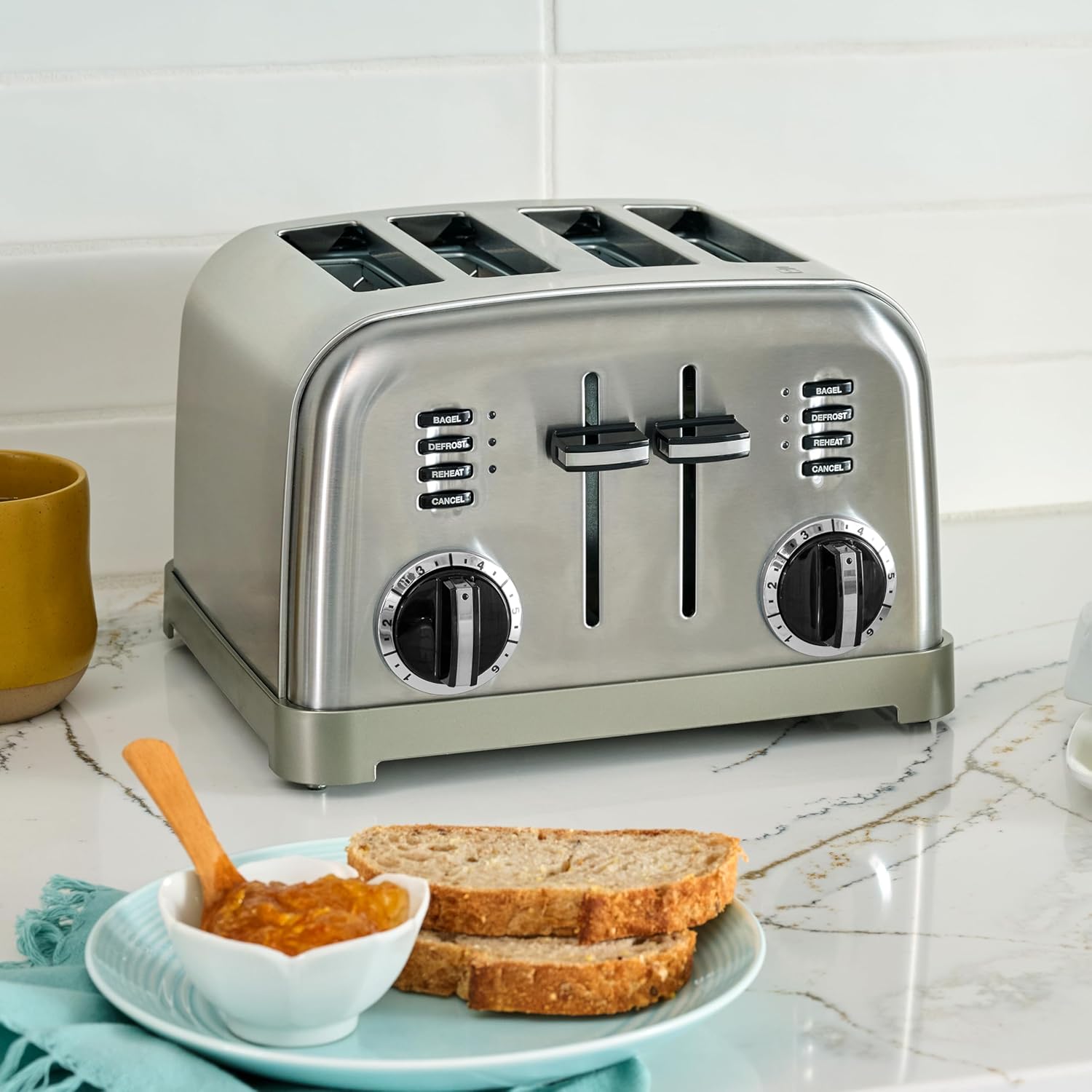 Toaster, Extra-Wide Slots, Stainless Steel, 4-Slice | Bagel, pastry & bread toaster with defrost/reheat functions, 6-setting browning dials & a slide-out crumb tray, CPT-180P1