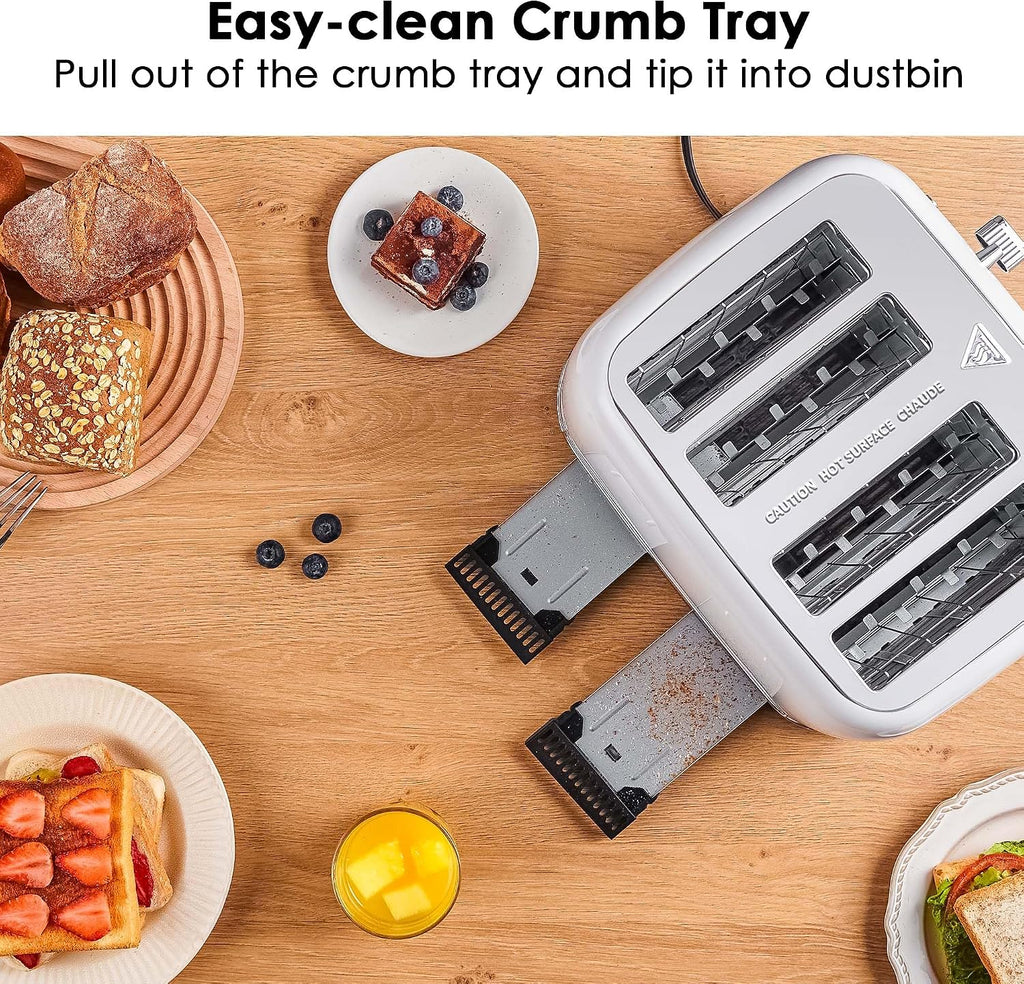 Toaster 4 Slice Retro Stainless Steel with Extra Wide Slots Bagel, Defrost, Reheat Function, Dual Independent Control Panel, Removable Crumb Tray, 6 Browning Levels, White