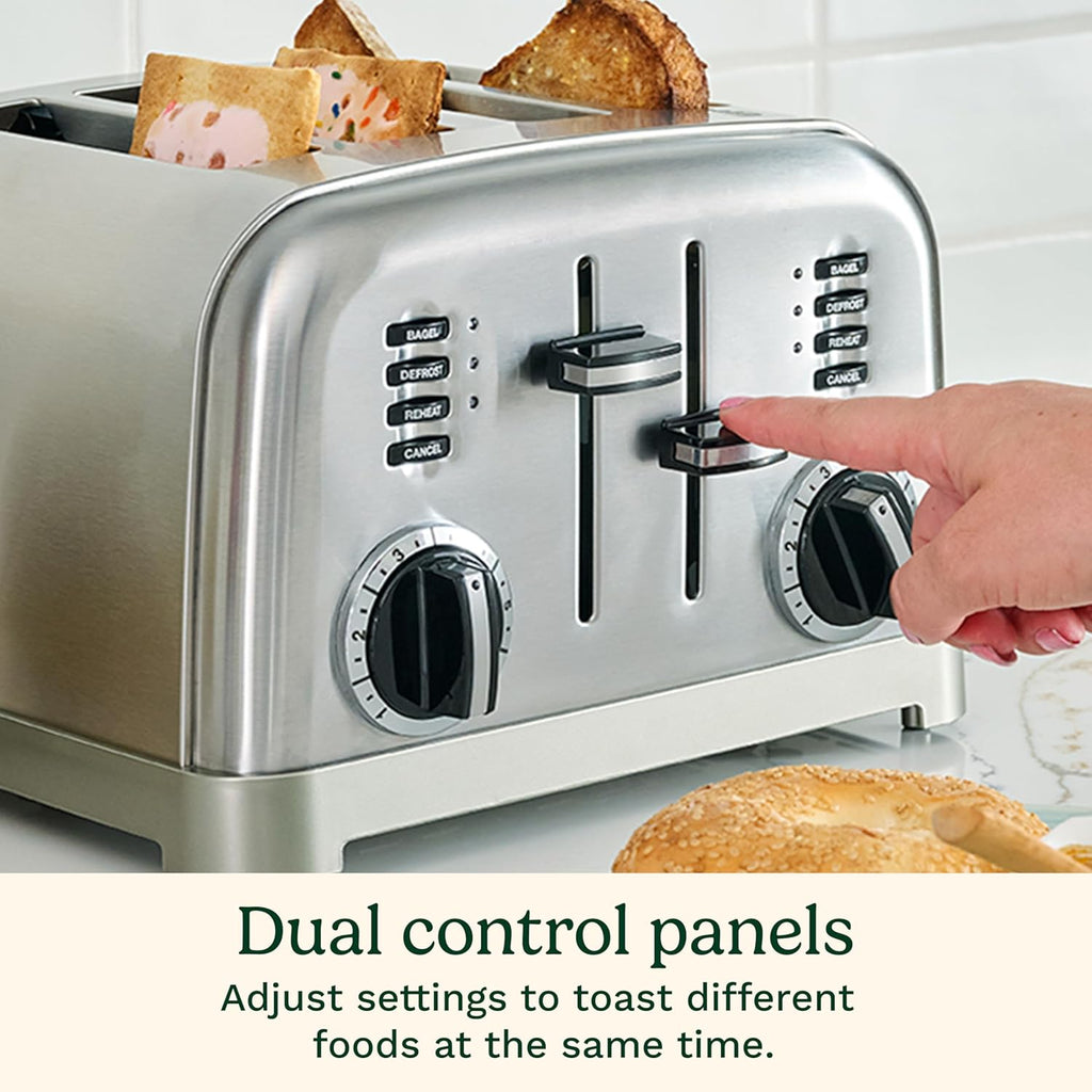 Toaster, Extra-Wide Slots, Stainless Steel, 4-Slice | Bagel, pastry & bread toaster with defrost/reheat functions, 6-setting browning dials & a slide-out crumb tray, CPT-180P1