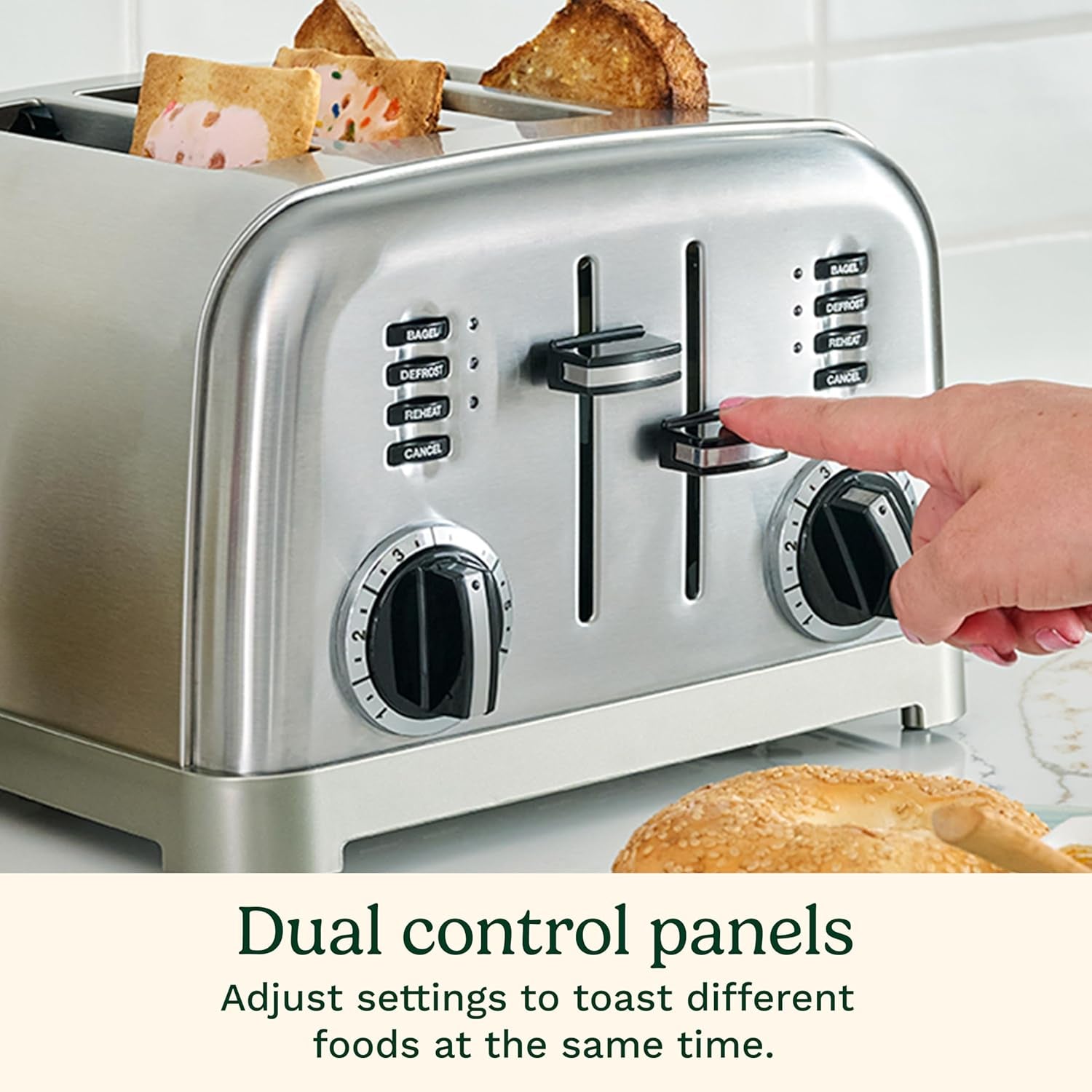 Toaster, Extra-Wide Slots, Stainless Steel, 4-Slice | Bagel, pastry & bread toaster with defrost/reheat functions, 6-setting browning dials & a slide-out crumb tray, CPT-180P1