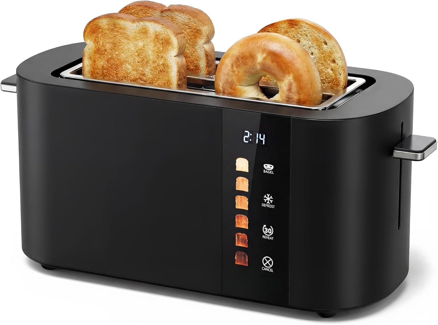Toaster 4 Slice Wide Slot, Bagel Function, Long Slot, Stainless Steel, Touch Screen, Built-in Rack, Extra-Wide 1.5" Slots for Thick Breads & Bagel, Timer, BPA-Free, Removable Tray, Black