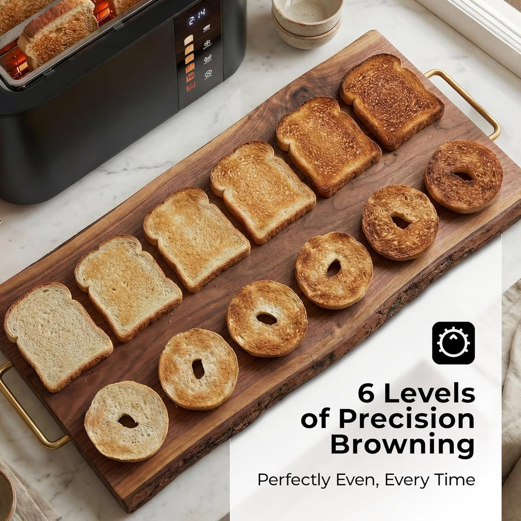 Toaster 4 Slice Wide Slot, Bagel Function, Long Slot, Stainless Steel, Touch Screen, Built-in Rack, Extra-Wide 1.5" Slots for Thick Breads & Bagel, Timer, BPA-Free, Removable Tray, Black