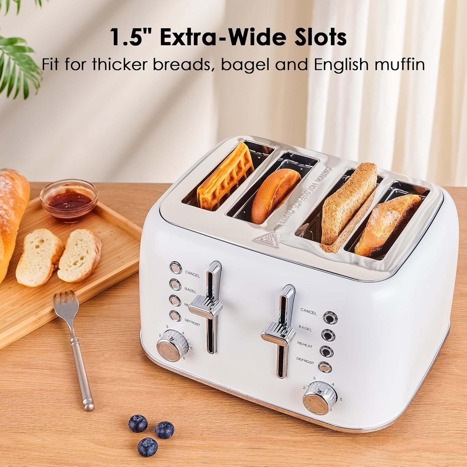 Toaster 4 Slice Retro Stainless Steel with Extra Wide Slots Bagel, Defrost, Reheat Function, Dual Independent Control Panel, Removable Crumb Tray, 6 Browning Levels, White