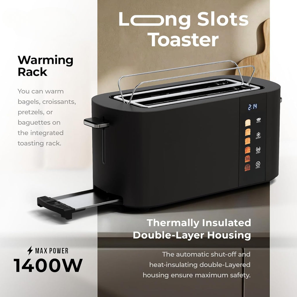 Toaster 4 Slice Wide Slot, Bagel Function, Long Slot, Stainless Steel, Touch Screen, Built-in Rack, Extra-Wide 1.5" Slots for Thick Breads & Bagel, Timer, BPA-Free, Removable Tray, Black
