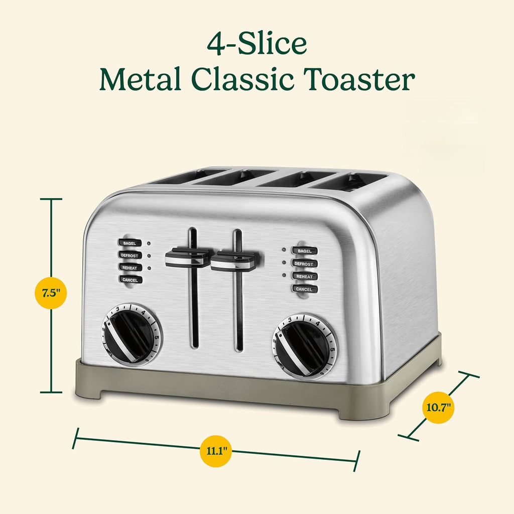 Toaster, Extra-Wide Slots, Stainless Steel, 4-Slice | Bagel, pastry & bread toaster with defrost/reheat functions, 6-setting browning dials & a slide-out crumb tray, CPT-180P1