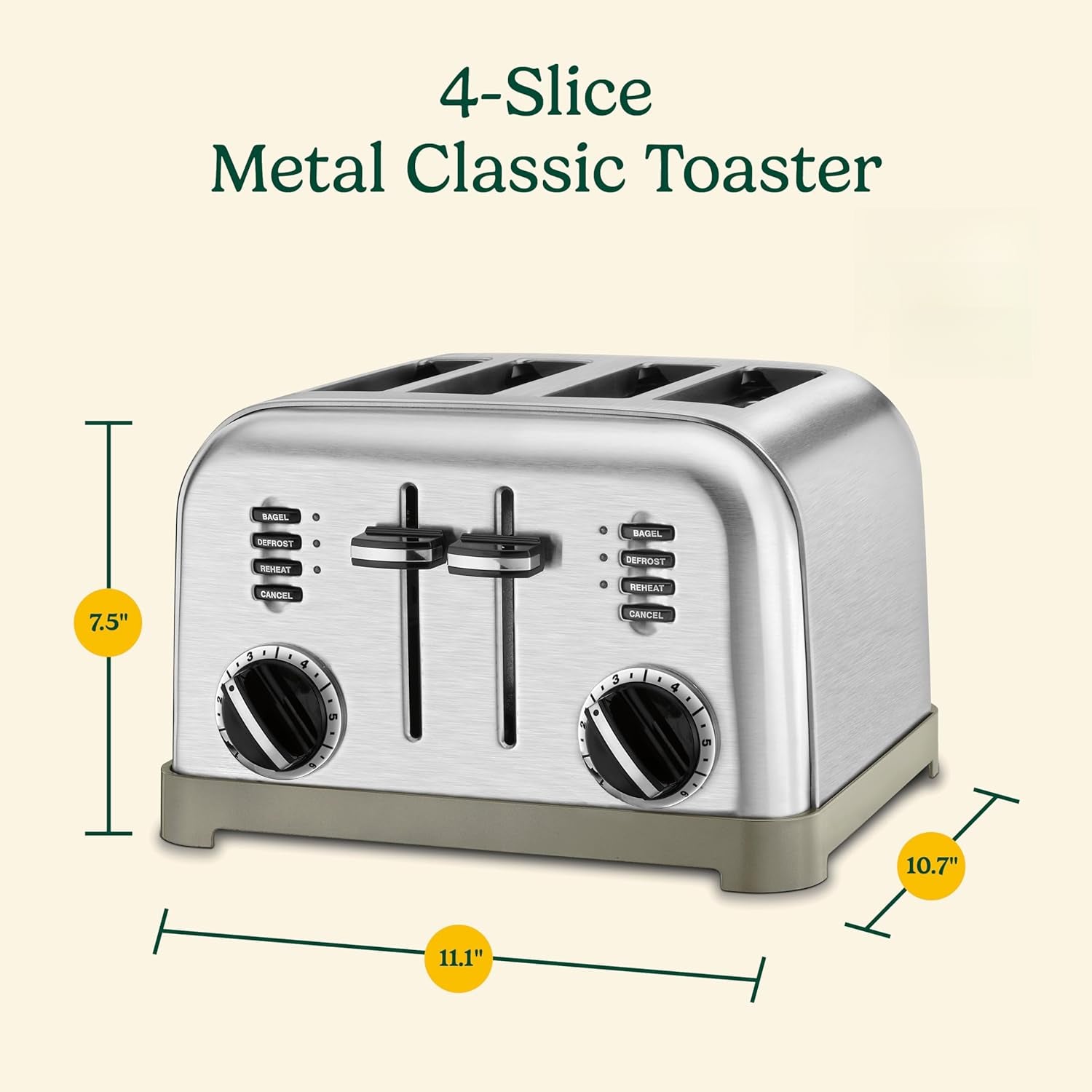 Toaster, Extra-Wide Slots, Stainless Steel, 4-Slice | Bagel, pastry & bread toaster with defrost/reheat functions, 6-setting browning dials & a slide-out crumb tray, CPT-180P1